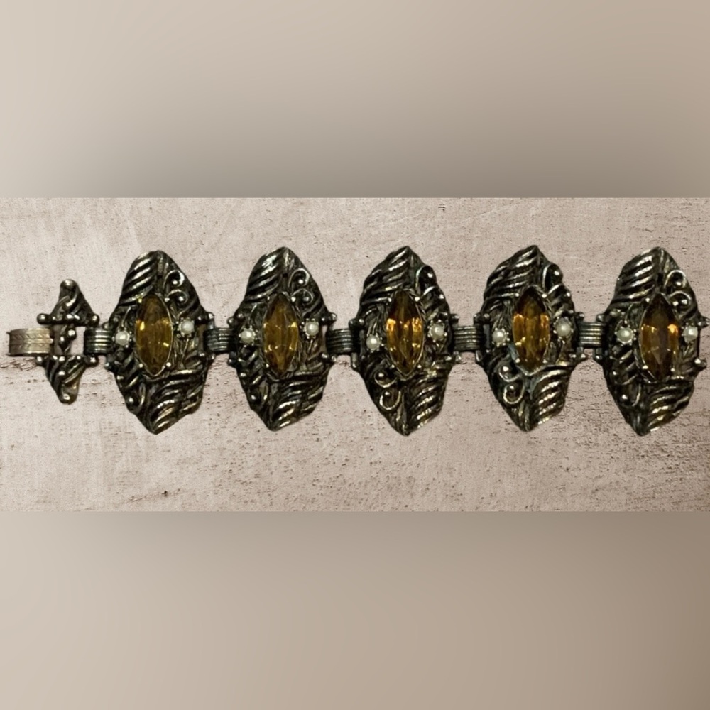 Heavy 7" Victorian Revival Unsigned Selro Bracelet With Amber Stones & Pearls - Picture 4 of 6